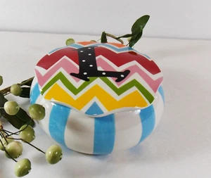 Trinket Box Ceramic Round Dish w/Lid Initial "L"  Stripes Blue White Zig Zag  - Picture 1 of 6