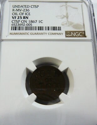 OIL OF ICE Conter stamp on 1867 Indian Cent NGC VF 25 BN - Image 1 of 4