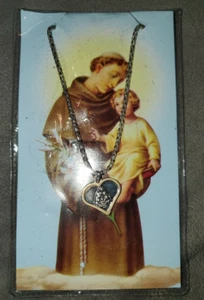 St. Anthony Saint Of Miracles Medal Prayer Card w Chain & Heart Pendant - Picture 1 of 2
