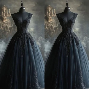 Vintage Navy Blue Wedding Dresses Lace Appliques A Line Tulle Bridal Gowns - Picture 1 of 9