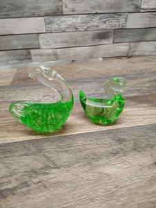 Glass Swans Murano Style Paperweight Figurines Green Desk Art- Set of 2 - Picture 1 of 8