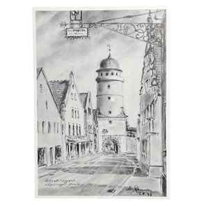 Postkarte AK Nördlingen Zeichnung Künstlerkarte Löpsinger Straße Erich Schmitt - Bild 1 von 3