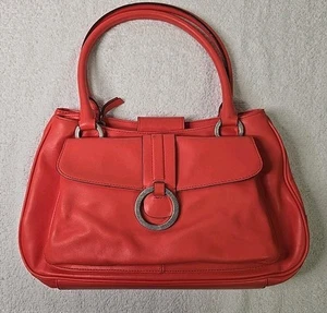 Ann Taylor Purse Leather Coral Orange Handbag 6 Pocket Magnetic - Picture 1 of 11