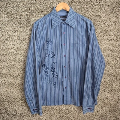 Camisa masculina 7 diamantes grande listrada azul com botões bordados mistura de algodão - Imagem 1 de 4