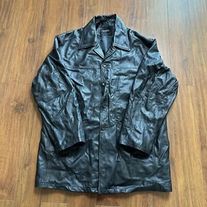 Saxony Black Leather Jacket Sz 44 Mid-Length Classic Button Collared Coat - Picture 1 of 16