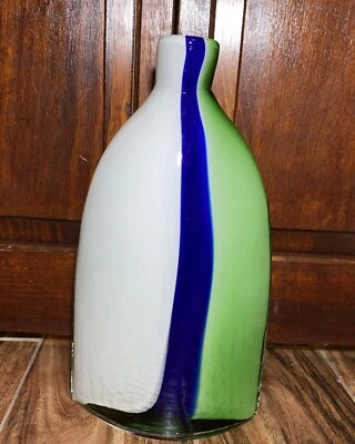 Handblown Glass Vase Green, White, Cobalt Blue 11.75” Tall Unbranded - Image 1 of 4