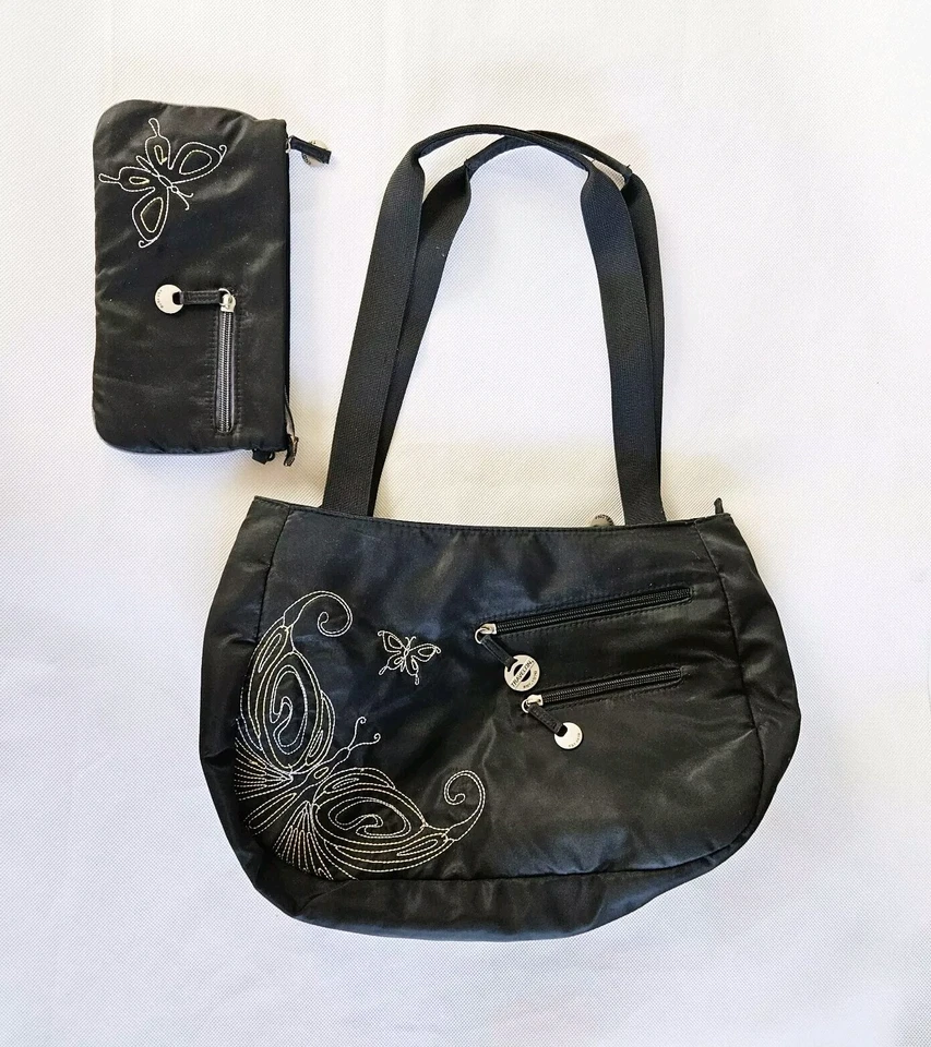 Travelon Cartera Bolso de Hombro Negro Bordado Mariposa Bolsa Muñequera Foto 1 de 4