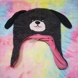 Puppy Dog Winter Hat Beanie Gray Pink Girls Large - Extra Large Ear Flaps Ears - Picture 1 of 7