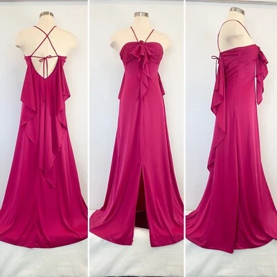 Maxi Vestido Halter Joy Stevens Años 70 Satén Sedoso Rosa Frambuesa Vintage Baile de graduación Foto 1 de 4