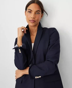 NEW ANN TAYLOR $98 NIGHT SKY BLUE BI-STRETCH TWILL LONGLINE BLAZER SZ 14 - Picture 1 of 4
