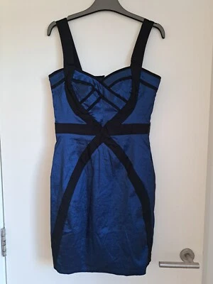 Jane Norman Wiggle Dress Metallic Blue Black UK 14 Stretch Short Worn Once - Image 1 of 4