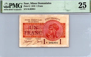 Saar 1 Franc 1919 PMG 25 VERY FINE Pick # 2 - Picture 1 of 3