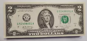 LOT OF 10 $2 TWO DOLLAR BILLS 2017 SERIES CHICAGO G NOTES CONSECUTIVE # w07 - Picture 1 of 3