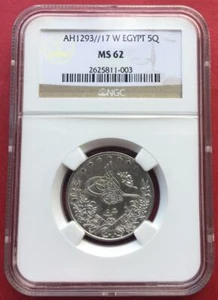 EGYPT - OTTOMAN , SILVER 5 QIRSH ABDUL HAMID II 1293/17 AH NGC MS 62 (XL) , RARE - Picture 1 of 2