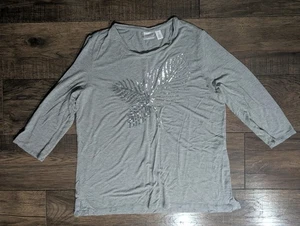 Weekends By Chicos Women's Gray Tshirt Silver Sequined Leaves Size 2 (XL) Casual - Picture 1 of 13