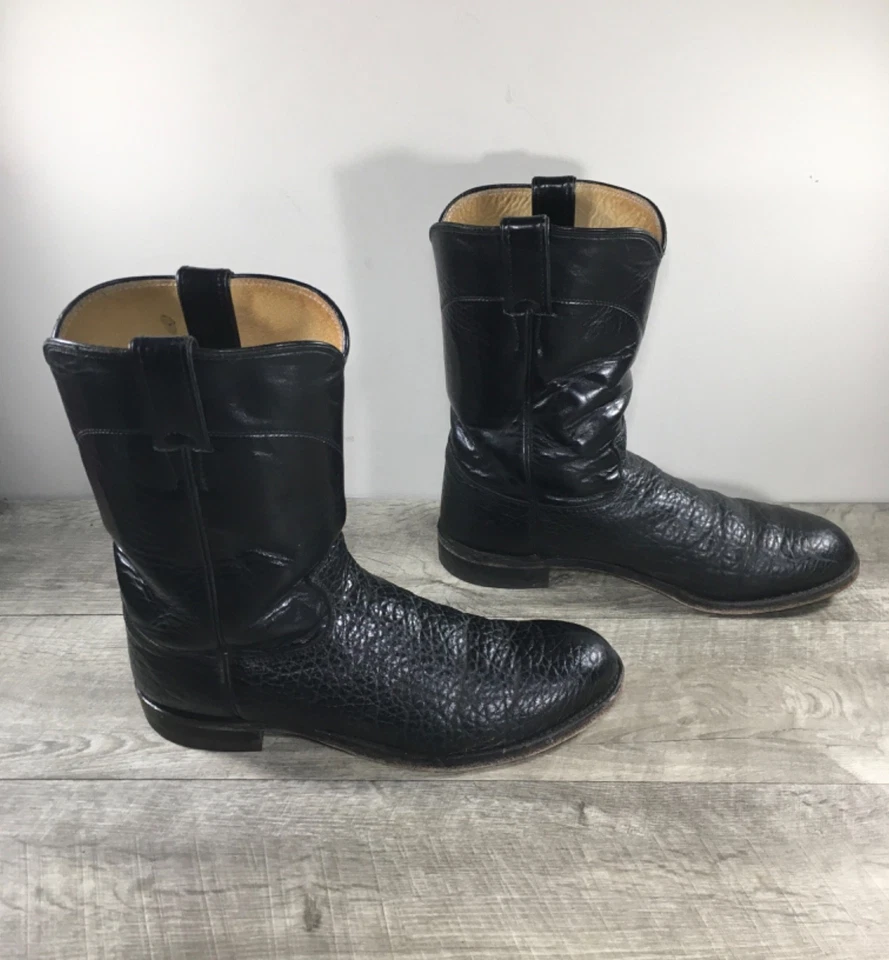 Botas vaqueras para hombre Justin 3202 Bullhide cuero negro cuerda 10,5 vintage Foto 1 de 4