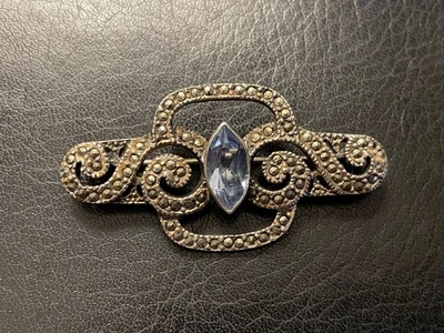 Deco Plata de Ley MARCASITA Y CORTE MARQUESA TOPACIO AZUL Prendedor Booch Estate Antiguo Foto 1 de 4