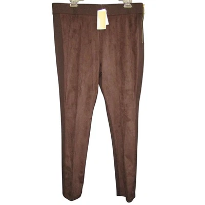 Michael Kors Faux Suede Front Pants Size L Brown Gold Side Zip Womens New Tag - Image 1 of 4