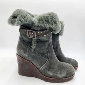 EMU Australia Heighton Low Gray Sheepskin Leather Wedge Boots Warm Womens SZ 9 - Picture 1 of 9