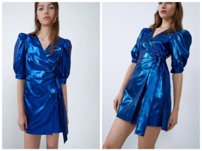  Zara Blue Metallic V-neck Wrap Tie Mini Dress  8549/231/420 S BLOGGER FAV! - Image 1 of 4