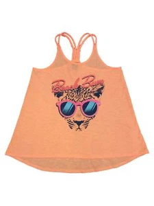 Girls Orange Glitter Beach Bum Tank Top T-Shirt Leopard Cat Semi-Sheer Top - Picture 1 of 1