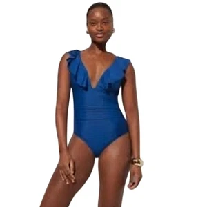 NWT J.Crew Blue Ruched Ruffle V-Neck One Piece Swimsuit Women’s 24 - Imagen 1 de 6