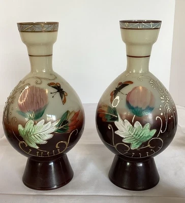 Set 2 Antique Victorian Opaline Bristol Glass Vase Brown  Tan Floral Gold Accent - Image 1 of 4