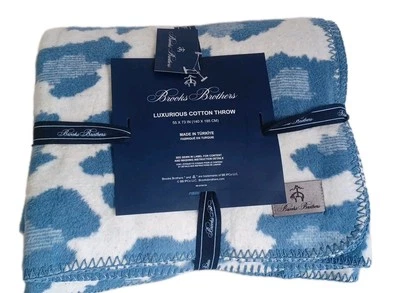 Brooks Brothers Luxurious Cotton Blend Cow Print Throw Blue 55”X73”, Turkey, New - Image 1 of 2