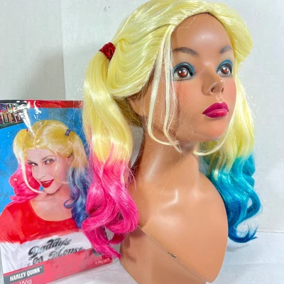 Peluca Escuadrón Suicida Harley Quinn Halloween Juegos con disfraces Amarillo Rubio, Rosa y Azul Foto 1 de 4