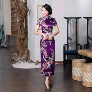 Elegant Satin Long Cheongsam Floral Embroidery Chinese Classic Women's Qipao - Picture 1 of 10