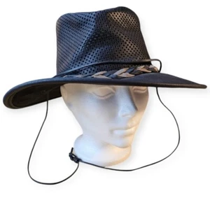Minnetonka Air Flow Fold Up Black Leather Outback Hat - Picture 1 of 5