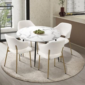 Oikiture 110cm Round Dining Table with 4PCS Dining Chairs Accent Sherpa Gold - Picture 1 of 10