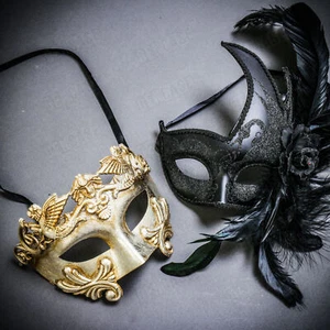 Silver Venetian Roman Warrior Men & Black Side Feather Glitter Couple Party Mask - Picture 1 of 1