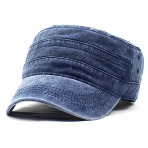 Navy Blue Washed Vintage Flat Top Cap, Cotton Military Cadet Army Caps Unique - Picture 1 of 5