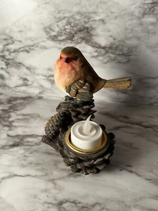 Colorful European robin Bird on pinecone Tea light candle stand Decor - Picture 1 of 6