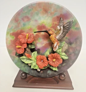 Antique Hand Painted Collectible Porcelain Hummingbird 3D 7" plate w/ wood stand - Picture 1 of 16