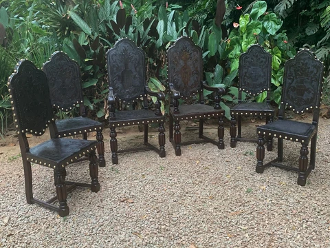 SET OF 6 Late 19th Century Embossed Leather  4 Chairs + 2  Armchairs AS IS Cover
