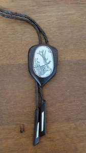 Vintage Scrimshaw Style Bolo Tie, Carved Elk, "Faux Horn" Stunning & SIGNED - Picture 1 of 5