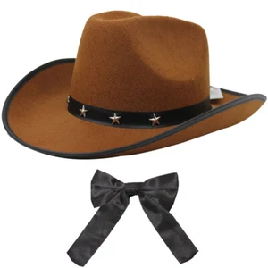 BROWN STUDDED COWBOY HAT AND WESTERN BOW TIE SHERIFF WILD WEST FANCY DRESS - Picture 1 of 1