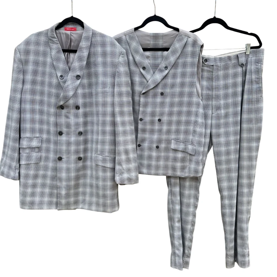Tiglio Ross Doble Pecho Cuadros Italiano 3 Piezas Traje Conjunto Chaleco Pantalones Para Hombres 40L Foto 1 de 4