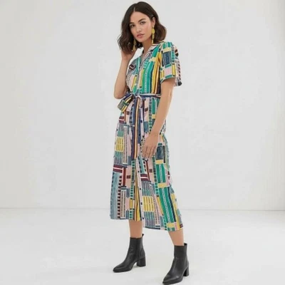 ASOS Button Up Grid Print Linen Blend Cropped Jumpsuit Size 10 - Image 1 of 4