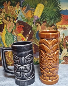 Vtg HAWAIIAN TIKI MUGS ROYAL LAHAINA RESORT KAANAPALI, MAUI, SEVEN TIKI RUM - Picture 1 of 16
