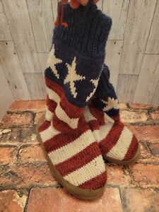 Muk Luks Stars And Stripes Knit Fleece Lined Slipper Boots Size 5-6