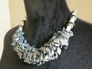 S.R. GRAY LEATHER LOOKING SCRUNCHY W/ PEARL & BEADS NECKLACE - Picture 1 of 9