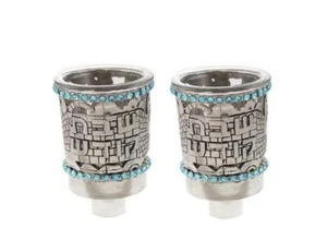 PAR DE VASOS DE ACEITE DE NÍQUEL Vidrio 7 CM CON PIEDRAS AZUL PÁLIDO Jerusalén tierra santa - Imagen 1 de 6