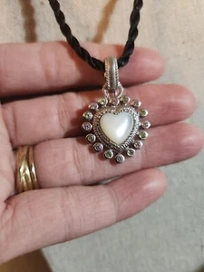 Judith Ripka Sterling Silver Mother of Pearl Pink & Green Peridot Heart Pendant - Picture 1 of 7