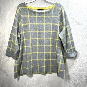 Cynthia Rowley Sweater Windowpane Plaid Grey Yellow Cuffed Sleeve Soft Plus 1X - Picture 1 of 7
