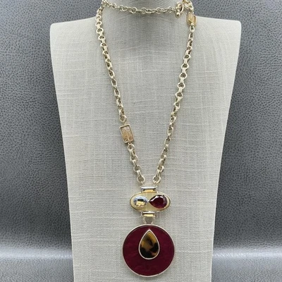 Chico's Long Statement Necklace Gold Tone Pink Disc Tortoise Teardrop Pendant - Image 1 of 4