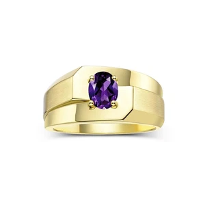 RYLOS Men's Yellow Gold Plated Silver Solitaire 7x5MM Gemstone Ring, Sizes 8-13 - Picture 1 of 29
