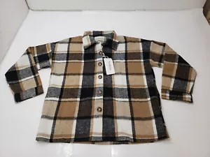 Yeokou Women's Jacket Shacket Button Up Long Sleeve Brown Plaid Size S NWT - Picture 1 of 10